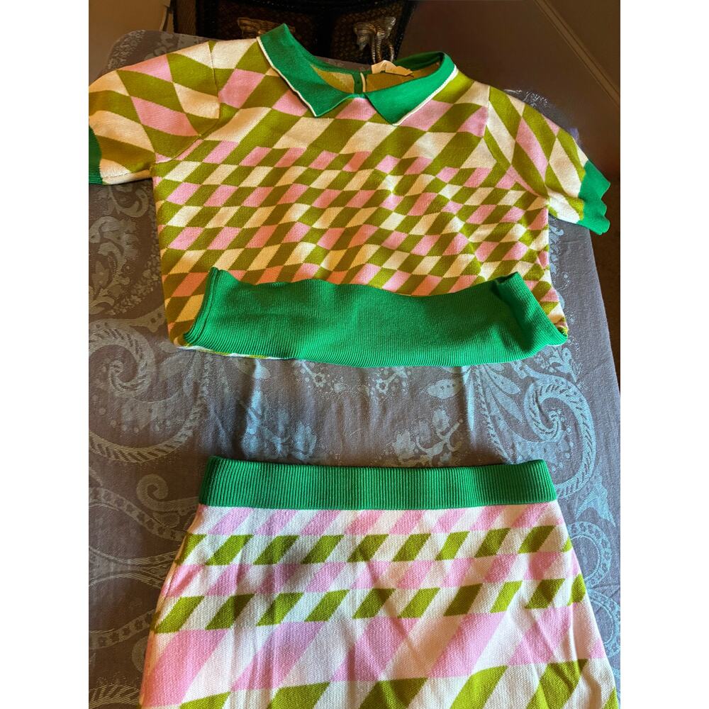 RIVIR Geometric Knit Top Skirt Set Womens size L 2 Piece Matching Stretch Outfit - Picture 2 of 16